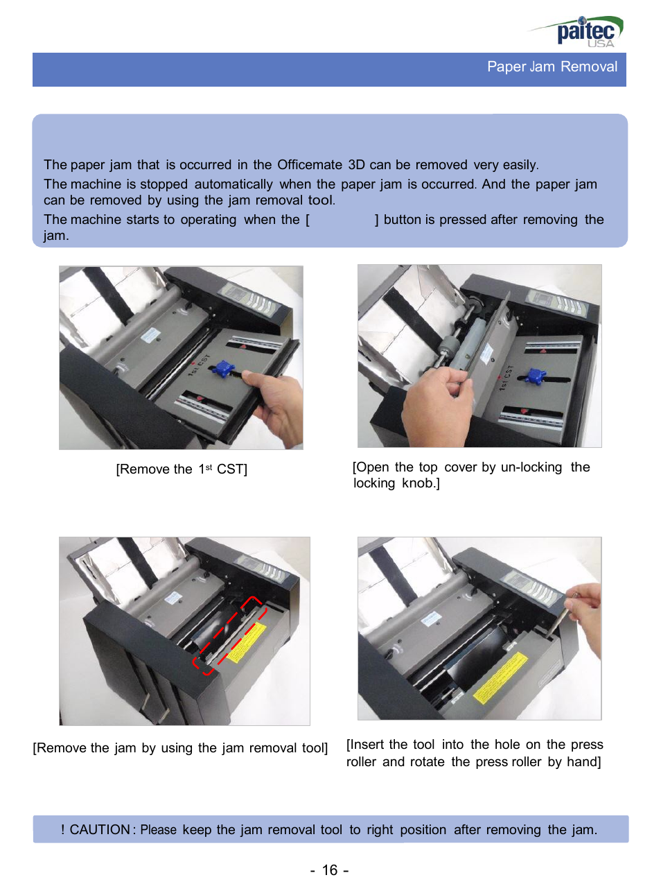 Paper jam removal | MBM Corporation ES 3000 User Manual | Page 16 / 20