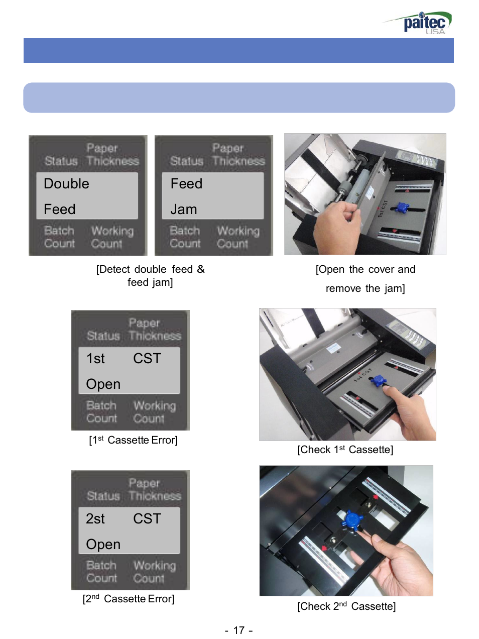 Double, Feed, 1st cst | Open, 2st cst, Handling the error messages | MBM Corporation ES 3000 User Manual | Page 17 / 20