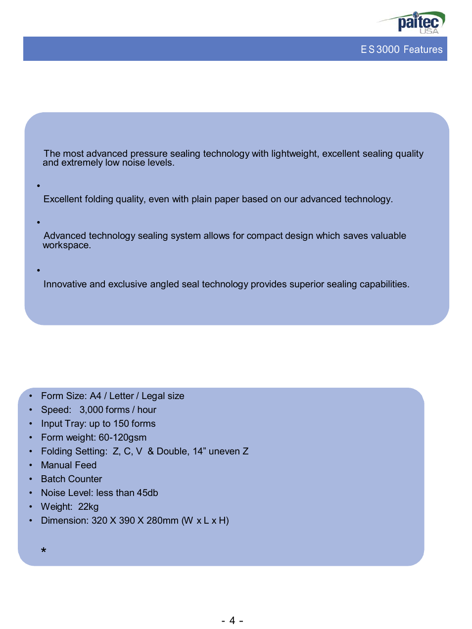 Es3000 features (pressure sealer), Es3000 specification | MBM Corporation ES 3000 User Manual | Page 4 / 20