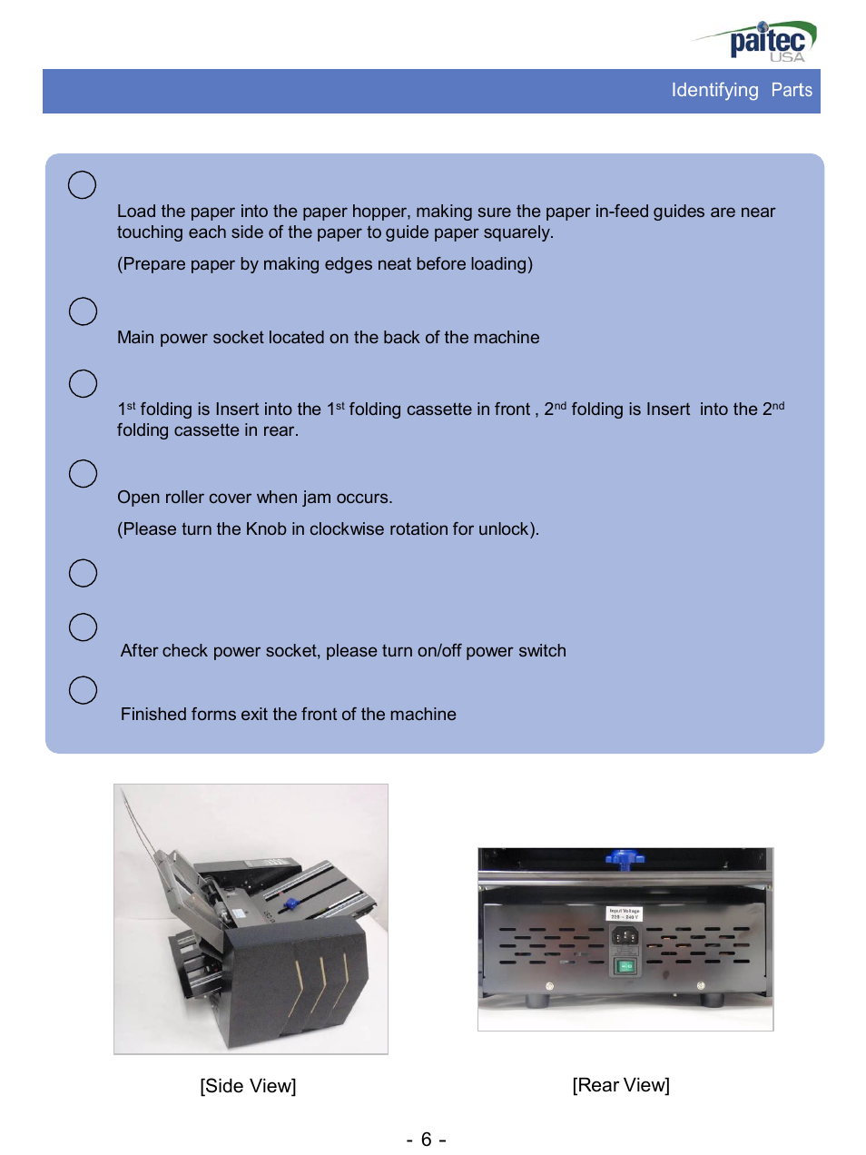 Identifying parts, Paper guide, Power socket | Folding cassette, Side view] [rear view | MBM Corporation ES 3000 User Manual | Page 6 / 20