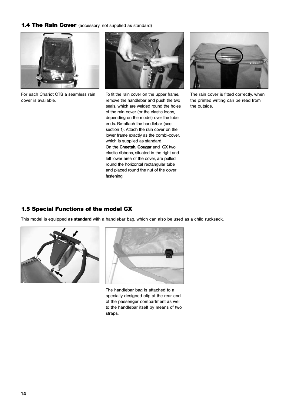 4 the rain cover, 5 special functions of the model cx | Chariot Carriers CX User Manual | Page 14 / 32