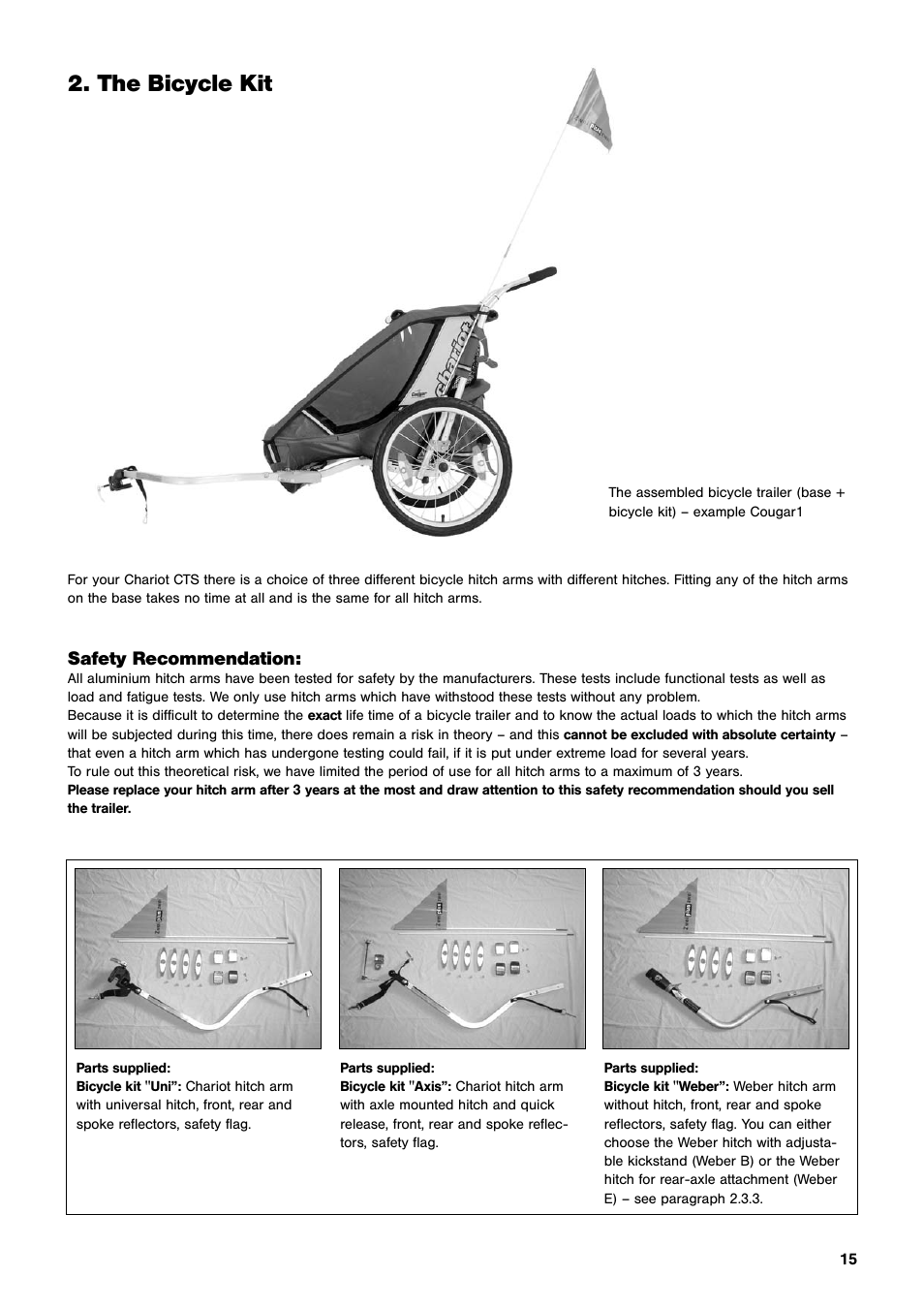 The bicycle kit, Safety recommendation | Chariot Carriers CX User Manual | Page 15 / 32