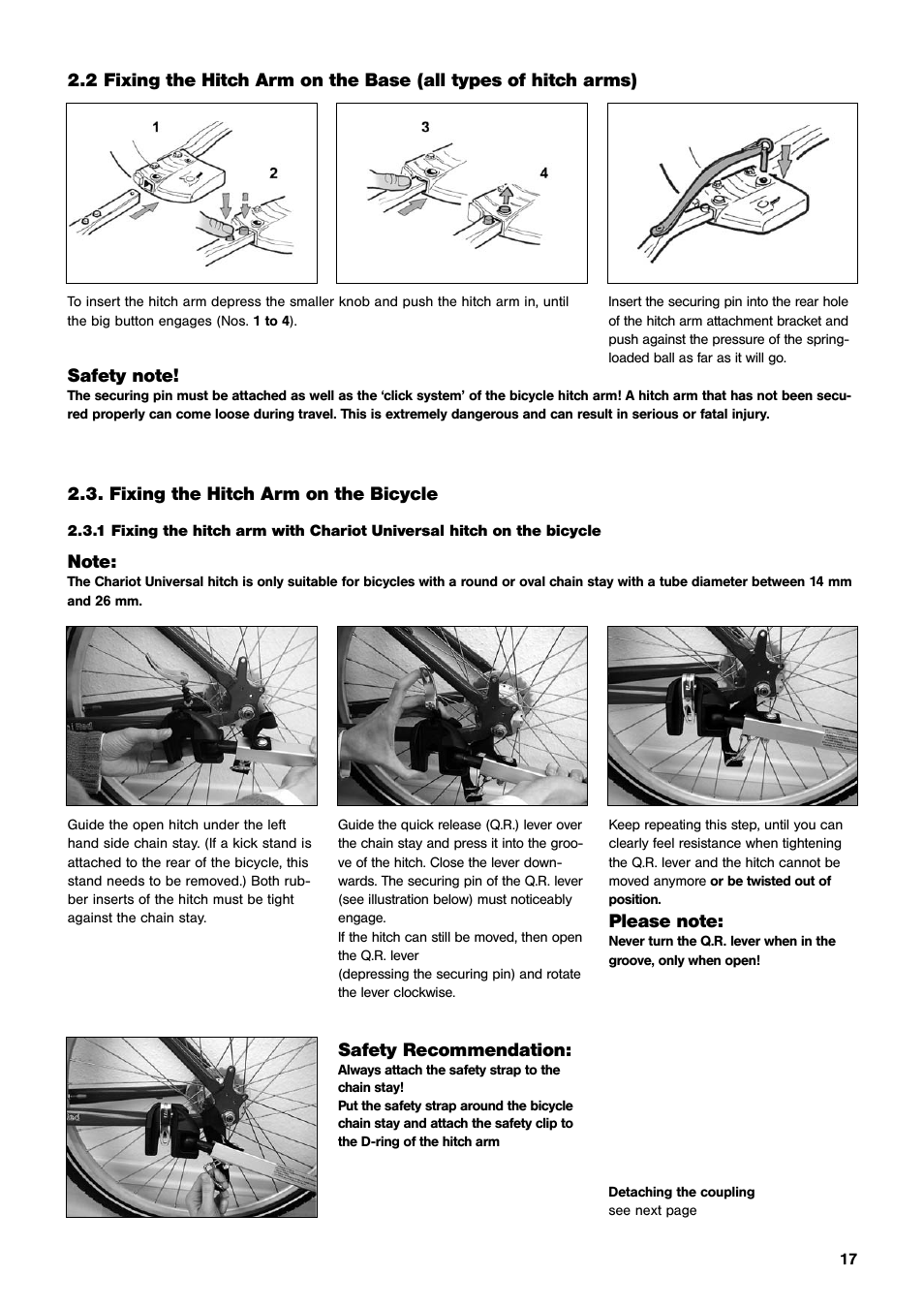 Fixing the hitch arm on the bicycle, Safety recommendation | Chariot Carriers CX User Manual | Page 17 / 32