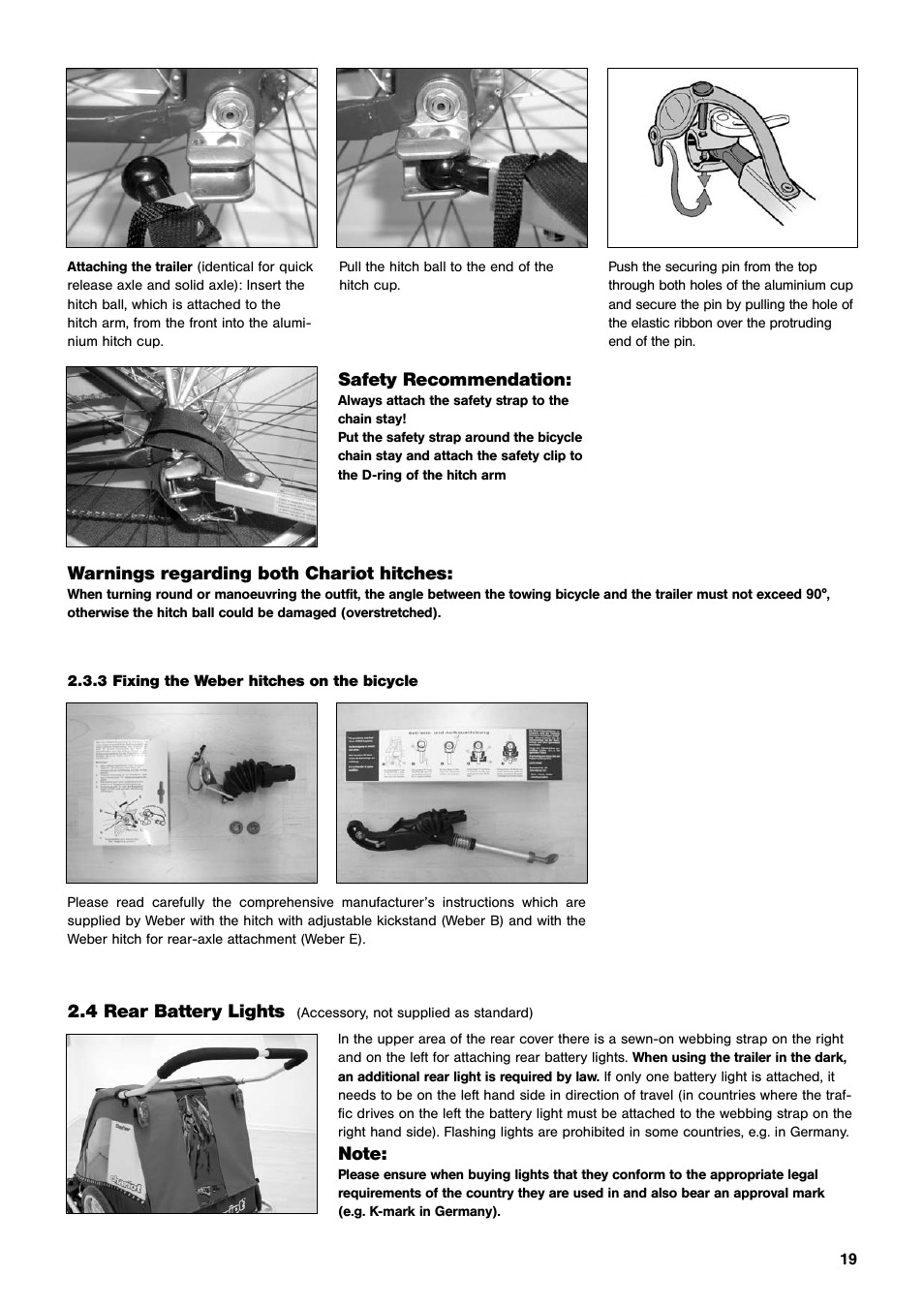 4 rear battery lights, Safety recommendation, Warnings regarding both chariot hitches | Chariot Carriers CX User Manual | Page 19 / 32