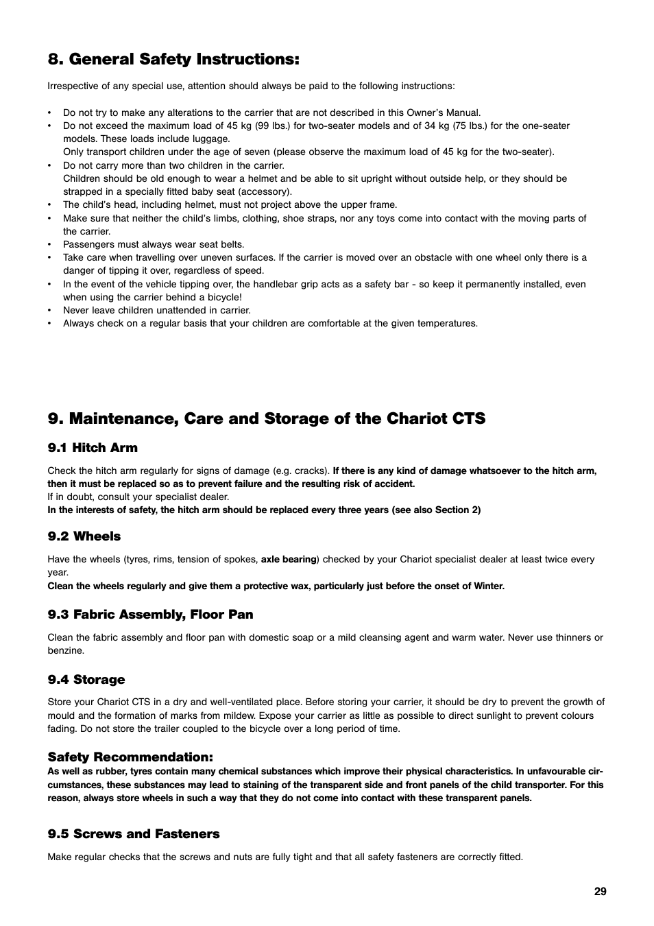 General safety instructions, Maintenance, care and storage of the chariot cts, 5 screws and fasteners | 4 storage, Safety recommendation | Chariot Carriers CX User Manual | Page 29 / 32