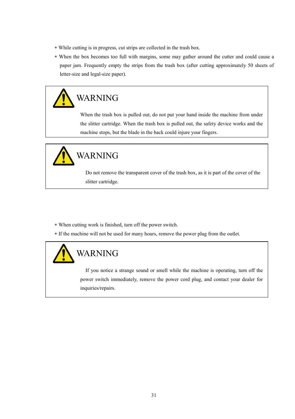 Warning, Handling the trash box, Power off | MBM Corporation BC 12 User Manual | Page 33 / 38