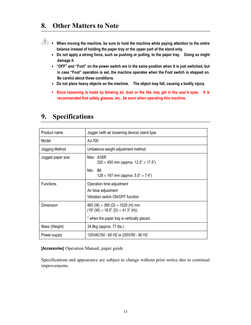 Specifications | MBM Corporation AJ 700 User Manual | Page 13 / 13