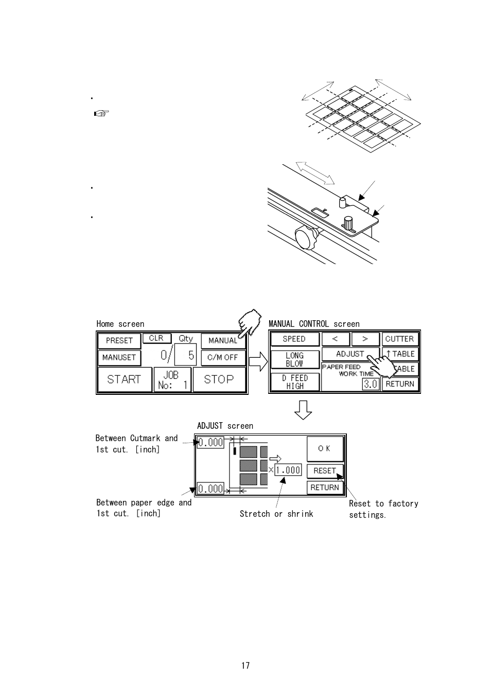 Feed size adjustment, Slit position adjustment, 6 cutting location adjustment (guillotine) | Cutting location adjustment (guillotine) | MBM Corporation AEROCUT NANO User Manual | Page 17 / 30