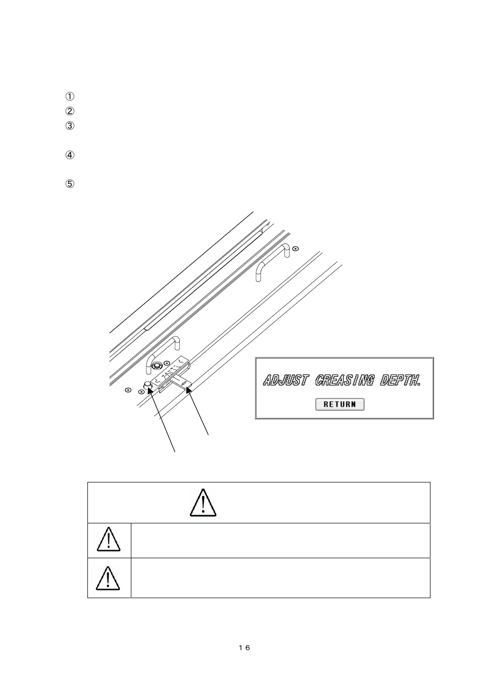 Caution, 10) crease depth adjustment | MBM Corporation AEROCUT G2 User Manual | Page 17 / 58
