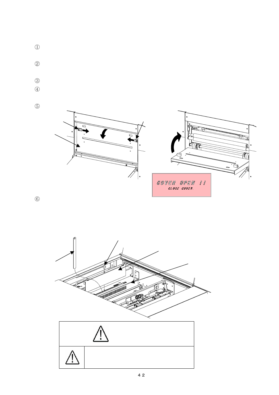 Caution, 2) if paper scrap remains on the machine, Power it off. otherwise, injury could occur | MBM Corporation AEROCUT G2 User Manual | Page 43 / 58