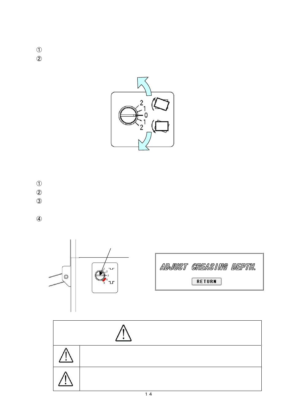 6) paper slant adjustment, 7) crease depth adjustment, Caution | MBM Corporation AEROCUT User Manual | Page 15 / 42