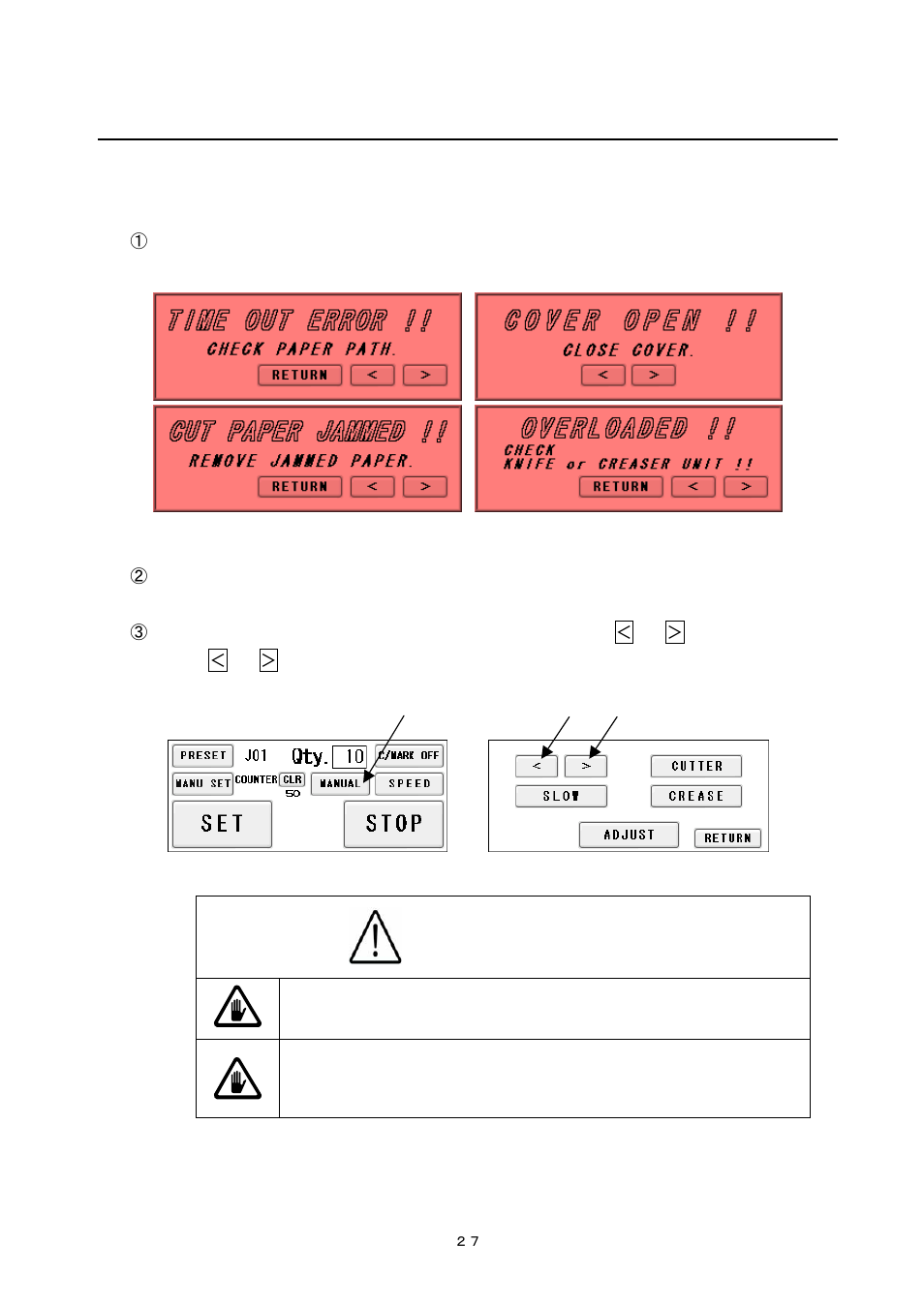 Instructions for use, 1) if the machine stops during operation, Caution | MBM Corporation AEROCUT User Manual | Page 28 / 42