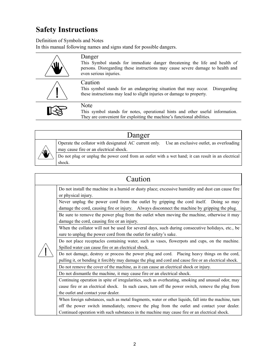 Safety instructions, Danger, Caution | MBM Corporation FC 10 TWIN TOWER SYSTEM User Manual | Page 3 / 12