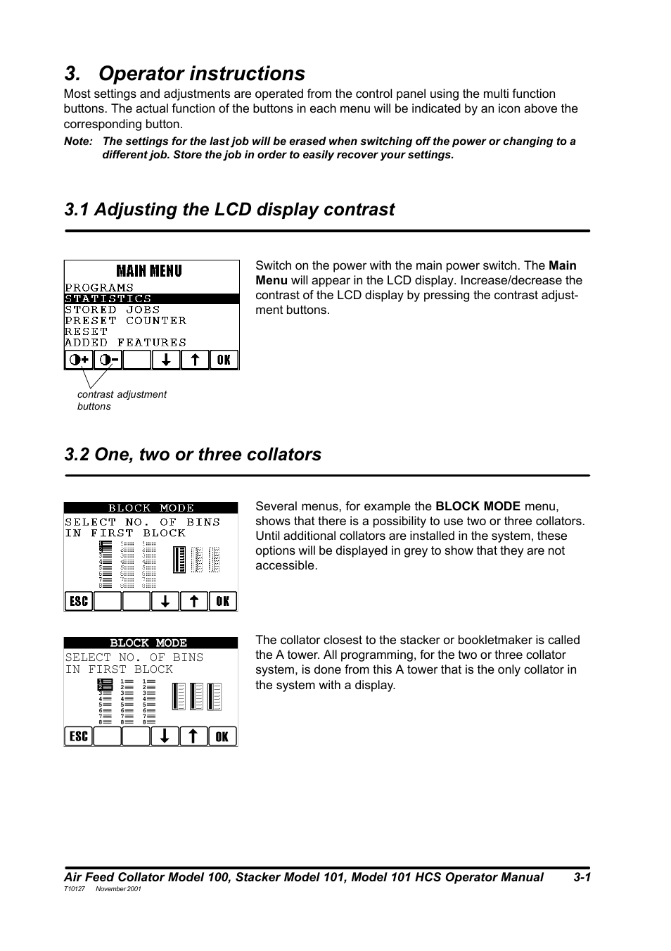 Operator instructions, 1 adjusting the lcd display contrast, 2 one, two or three collators | MBM Corporation DocuVac User Manual | Page 10 / 27