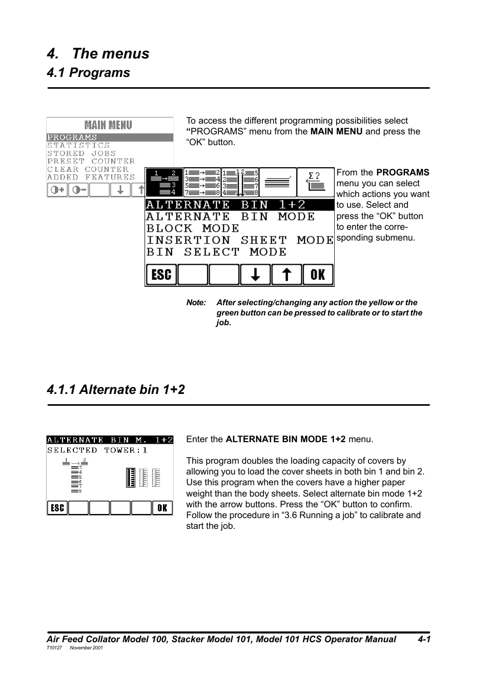 The menus, 1 programs, 1 alternate bin 1+2 | MBM Corporation DocuVac User Manual | Page 16 / 27