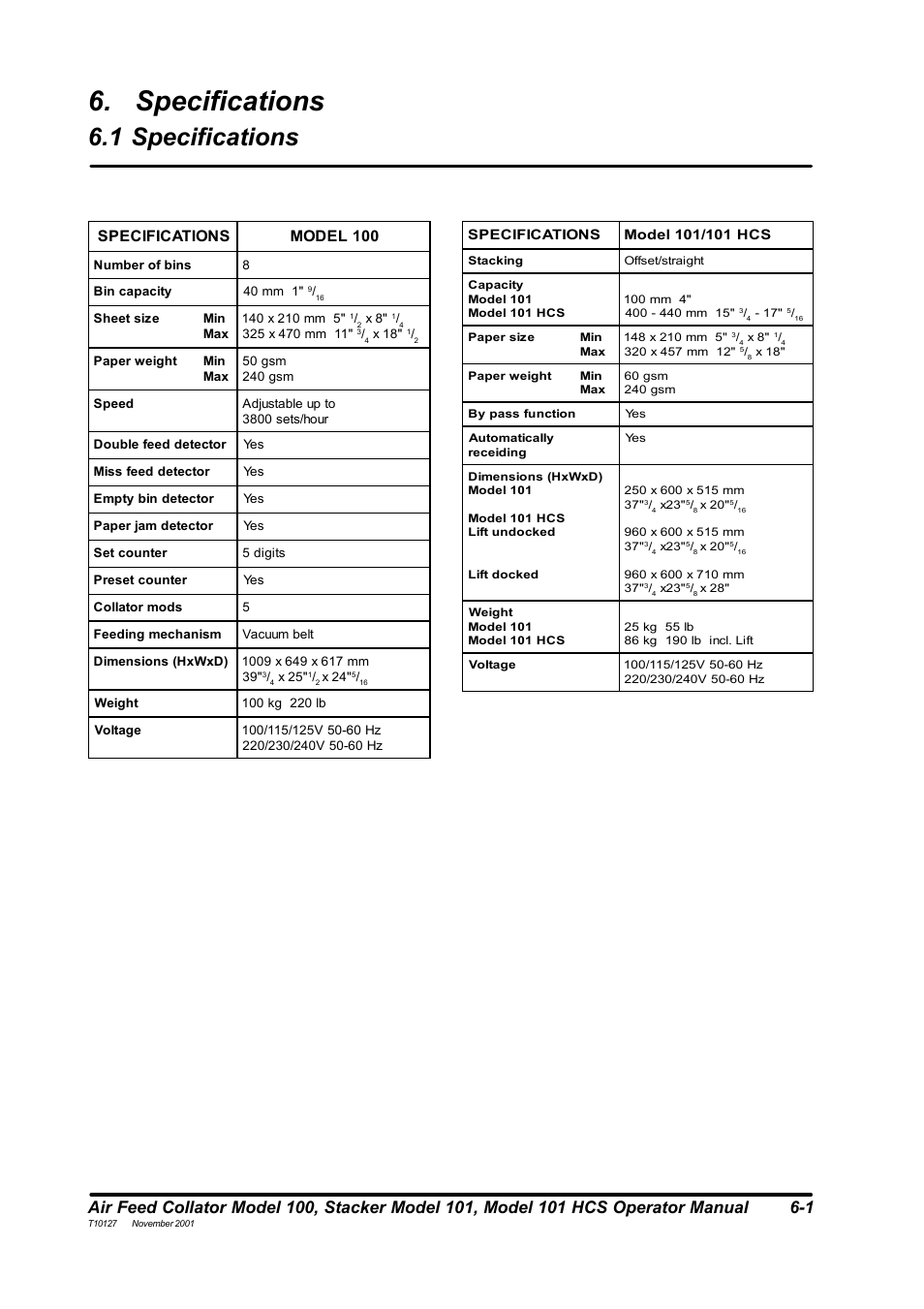 Specifications, 1 specifications | MBM Corporation DocuVac User Manual | Page 26 / 27