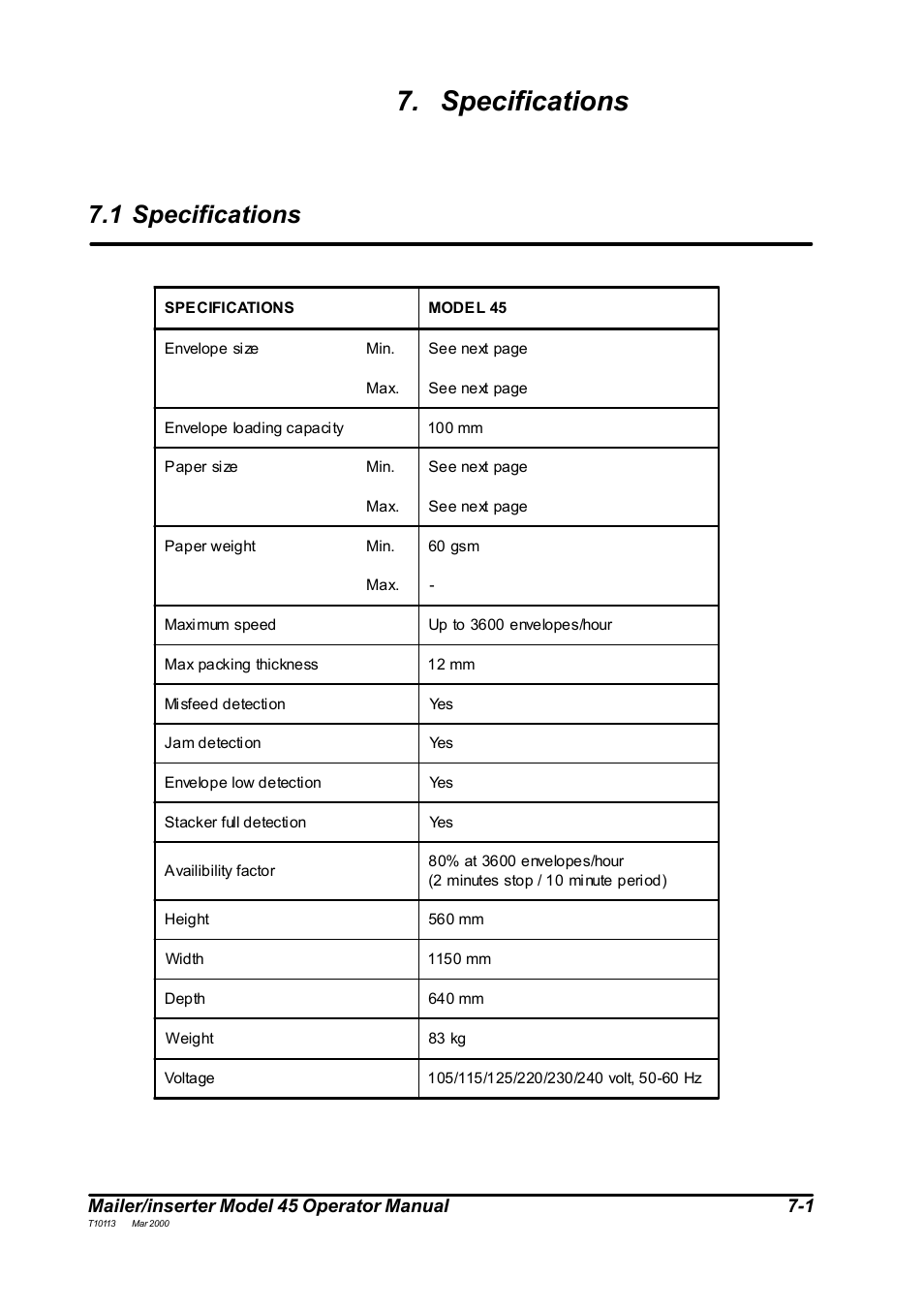 Specifications, 1 specifications, Mailer/inserter model 45 operator manual 7-1 | MBM Corporation 45 User Manual | Page 27 / 29