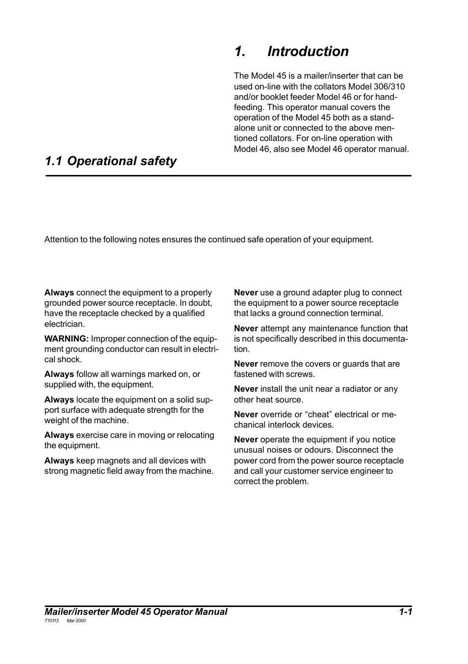 Introduction, 1 operational safety | MBM Corporation 45 User Manual | Page 3 / 29