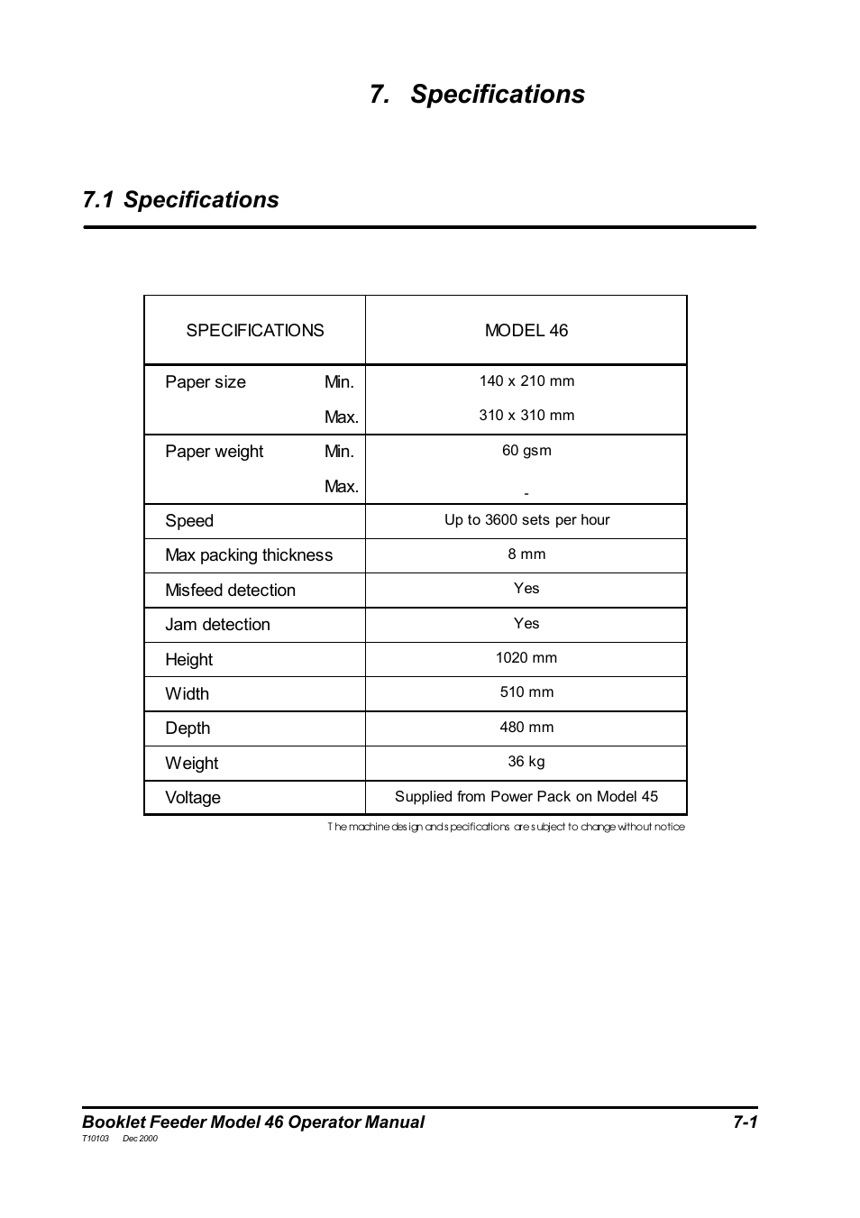 Specifications, 1 specifications | MBM Corporation 46 User Manual | Page 17 / 17