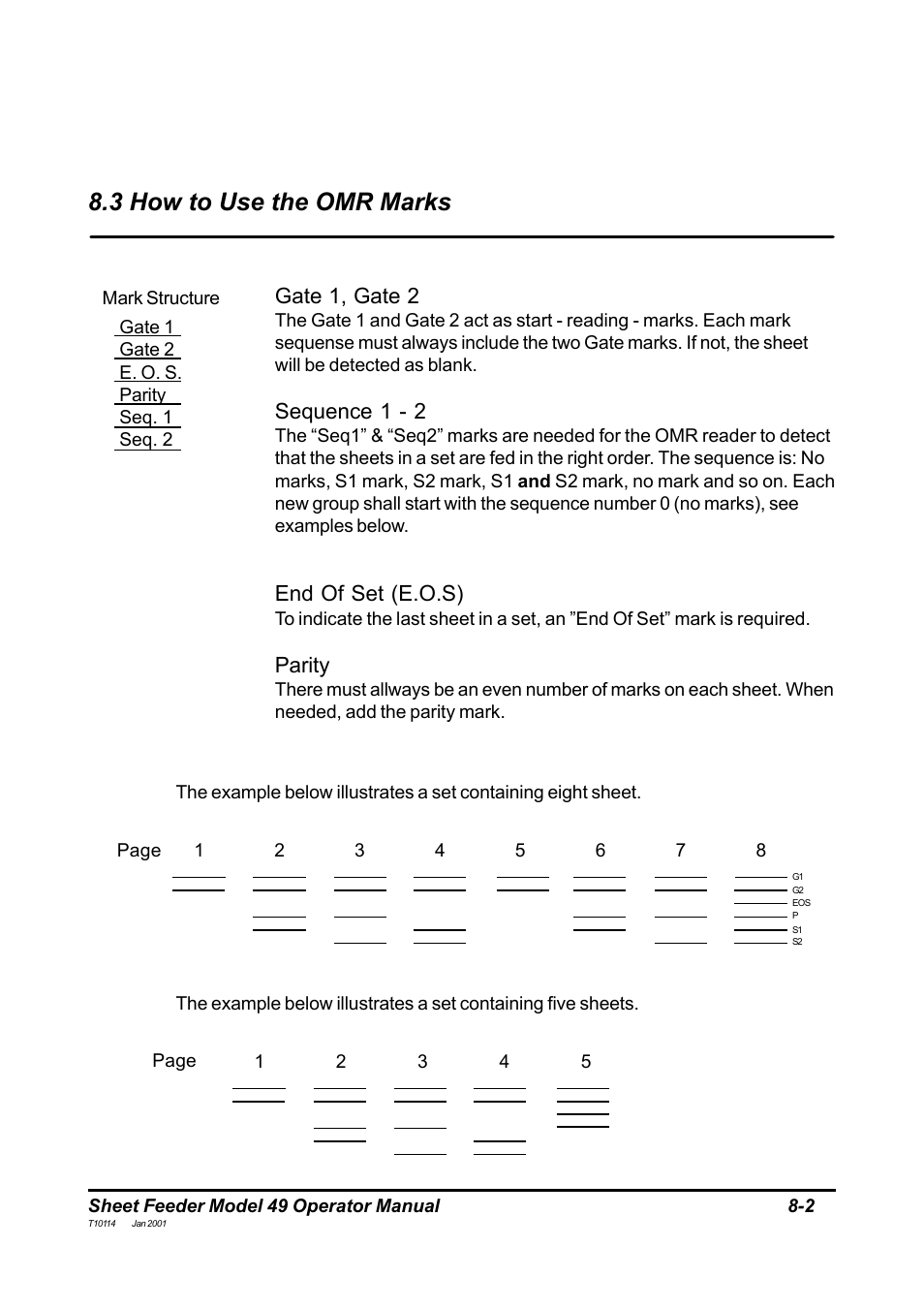 3 how to use the omr marks, Gate 1, gate 2, Sequence 1 - 2 | End of set (e.o.s), Parity | MBM Corporation 49 User Manual | Page 25 / 26