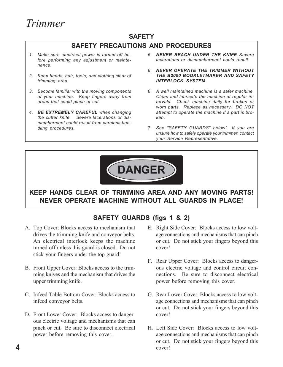 Trimmer, Danger | MBM Corporation STITCHFOLD Trimmer User Manual | Page 4 / 26