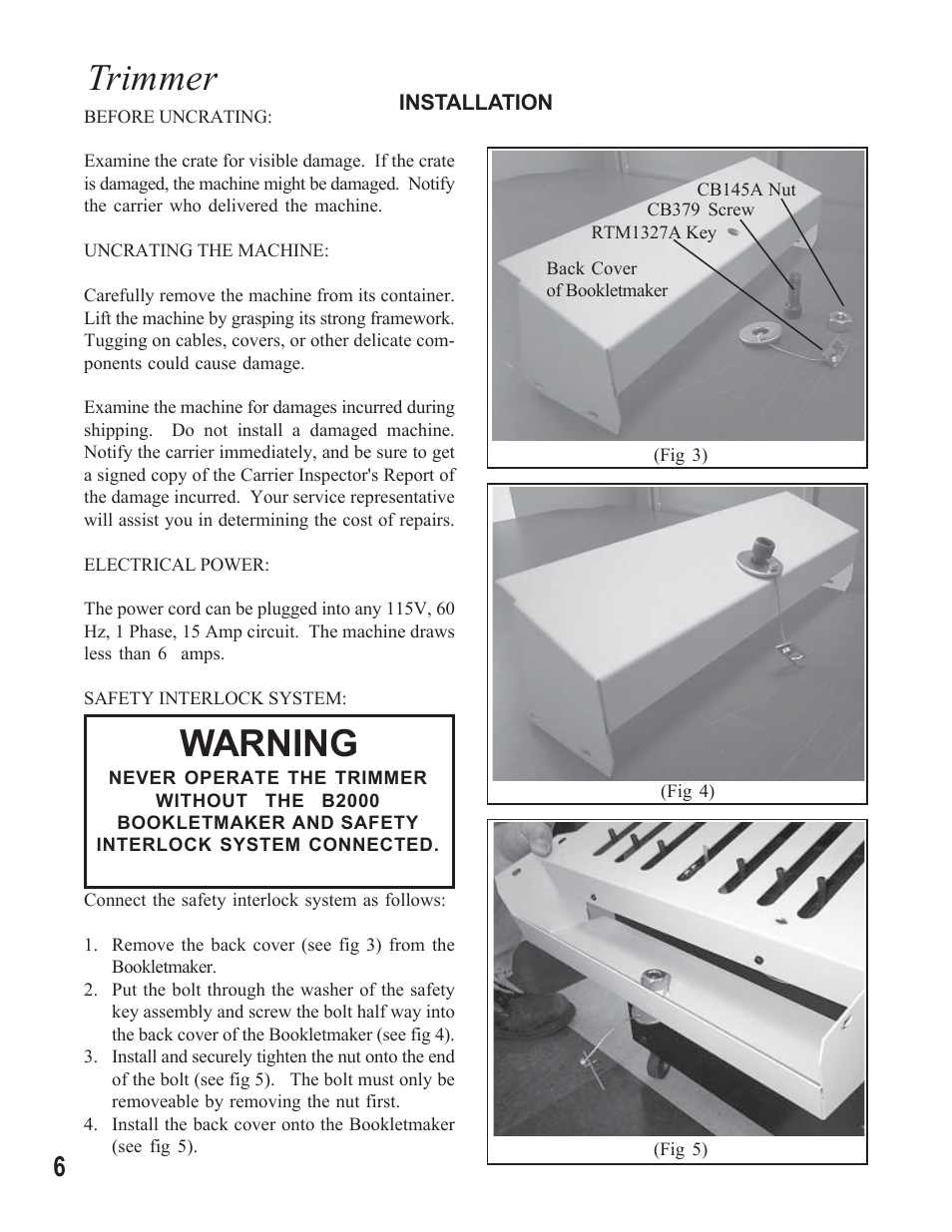 Trimmer, Warning | MBM Corporation STITCHFOLD Trimmer User Manual | Page 6 / 26