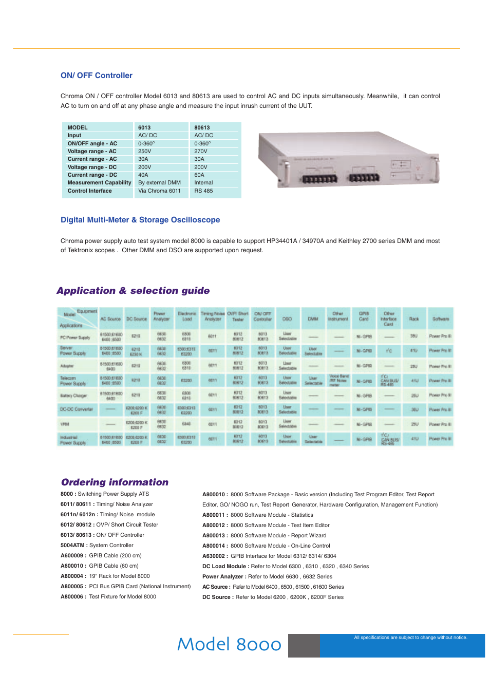 Model, Ordering information, Application & selection guide | On/ off controller, Digital multi-meter & storage oscilloscope | Chroma USA 8000 User Manual | Page 11 / 12