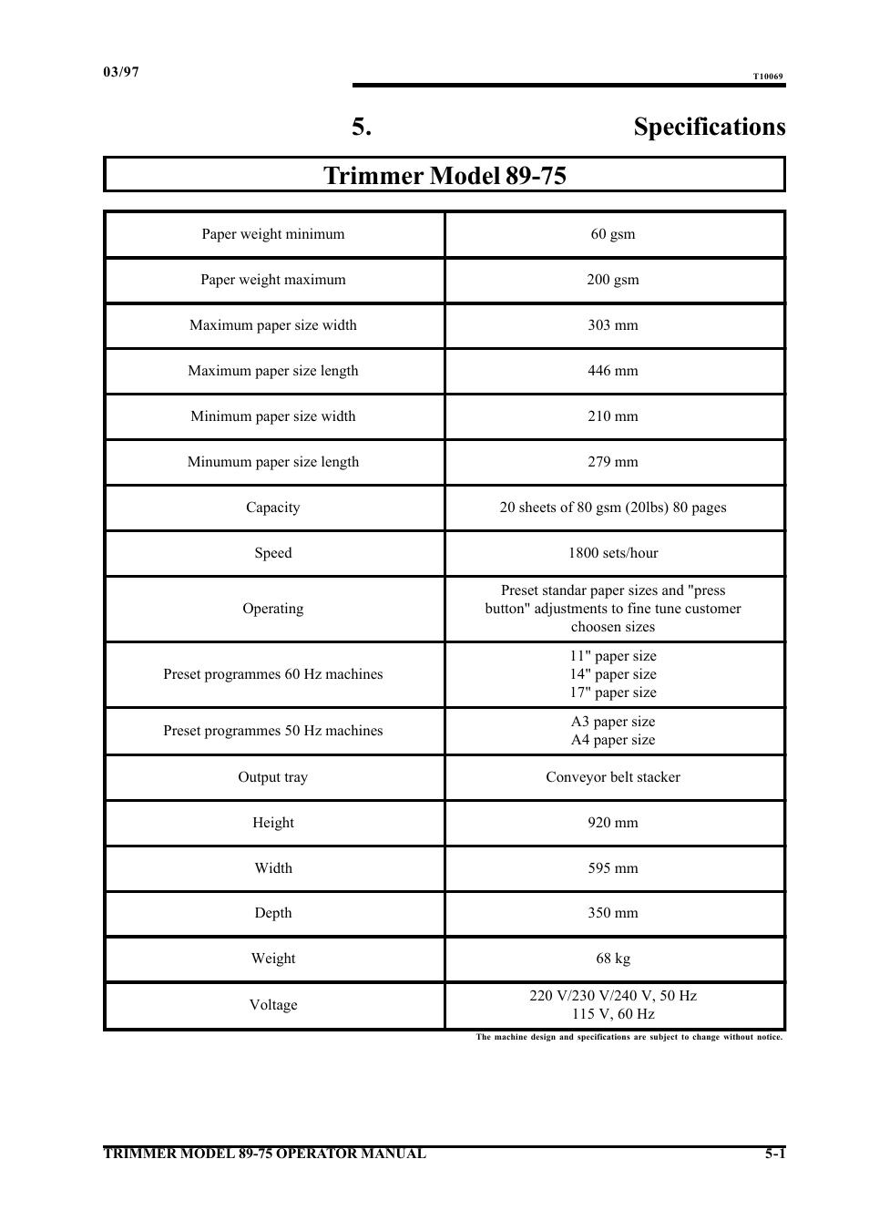 Specifications, Trimmer model 89-75 | MBM Corporation Booklet-Pro 7500 User Manual | Page 14 / 14