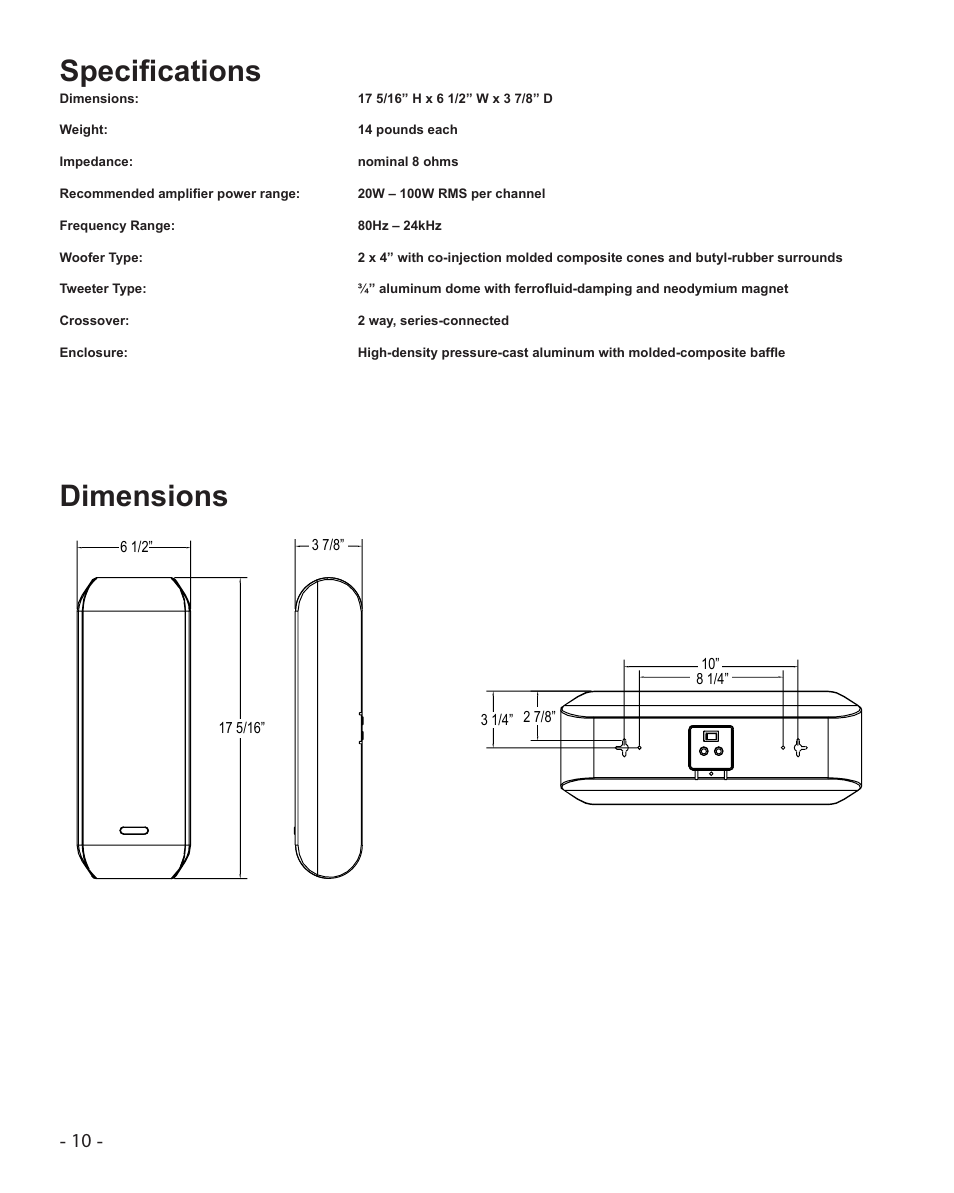 Specifications dimensions | Cambridge SoundWorks MC630HD User Manual | Page 10 / 12