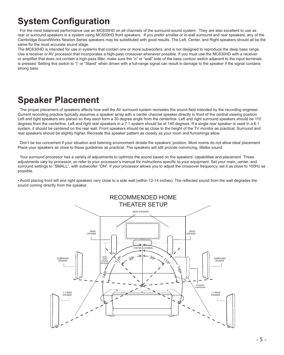 System configuration, Speaker placement, Recommended home theater setup | Cambridge SoundWorks MC630HD User Manual | Page 5 / 12