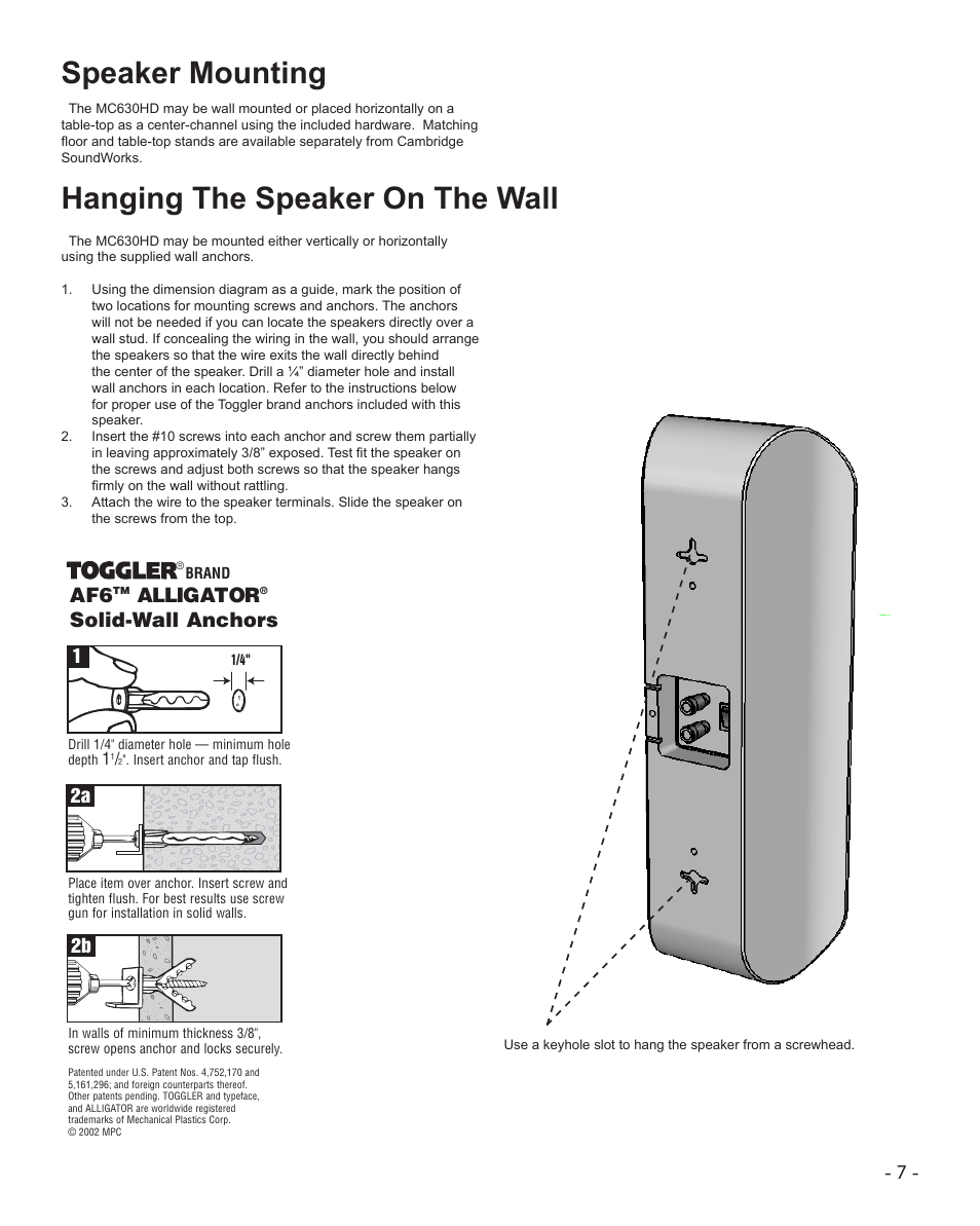 Speaker mounting, Hanging the speaker on the wall, Alligator | Solid-wall anchors, 2a 2b 1 | Cambridge SoundWorks MC630HD User Manual | Page 7 / 12