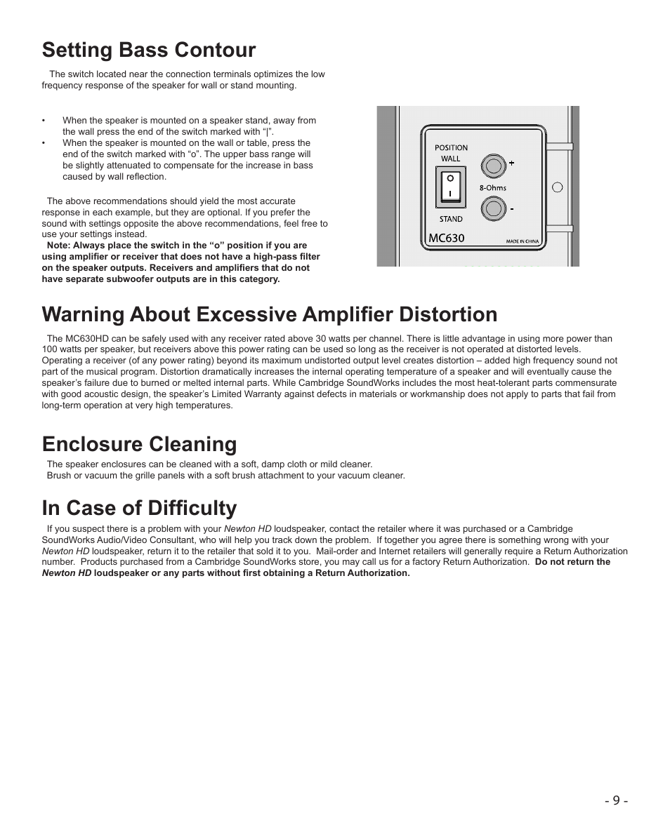 Enclosure cleaning setting bass contour, Warning about excessive amplifier distortion | Cambridge SoundWorks MC630HD User Manual | Page 9 / 12