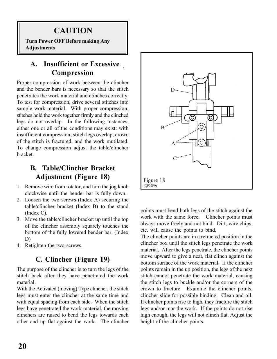 20 caution, A. insufficient or excessive compression, B. table/clincher bracket adjustment (figure 18) | C. clincher (figure 19) | MBM Corporation BINDERYMATE 2 User Manual | Page 22 / 46