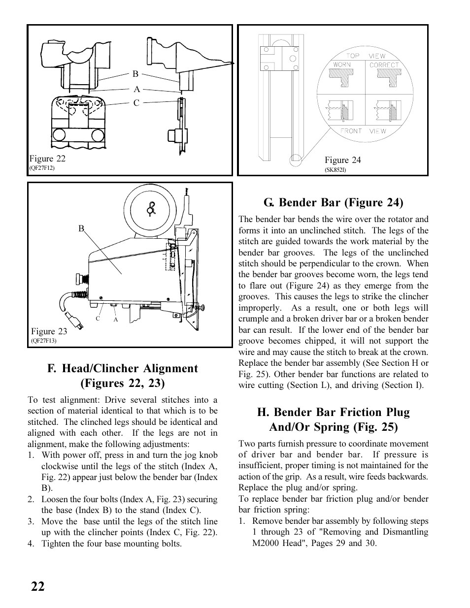 G. bender bar (figure 24), F. head/clincher alignment (figures 22, 23) | MBM Corporation BINDERYMATE 2 User Manual | Page 24 / 46