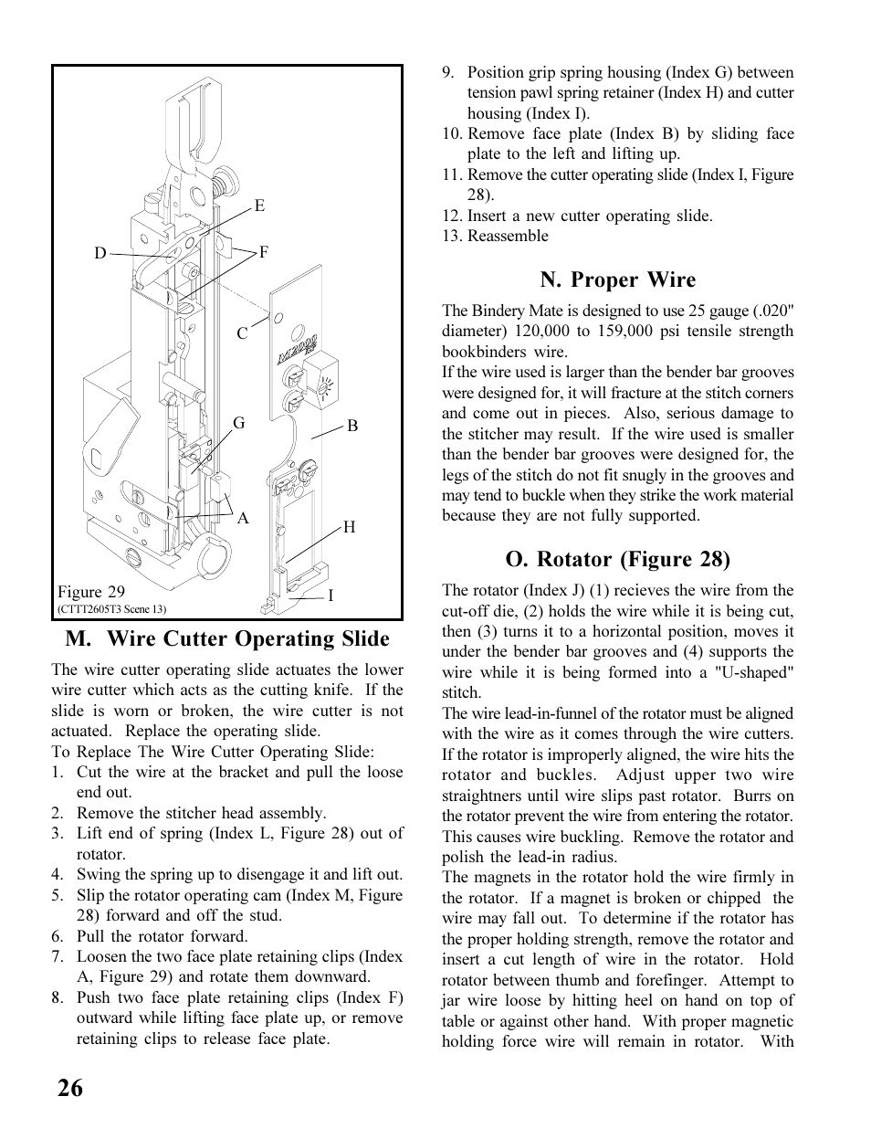 M. wire cutter operating slide, N. proper wire, O. rotator (figure 28) | MBM Corporation BINDERYMATE 2 User Manual | Page 28 / 46