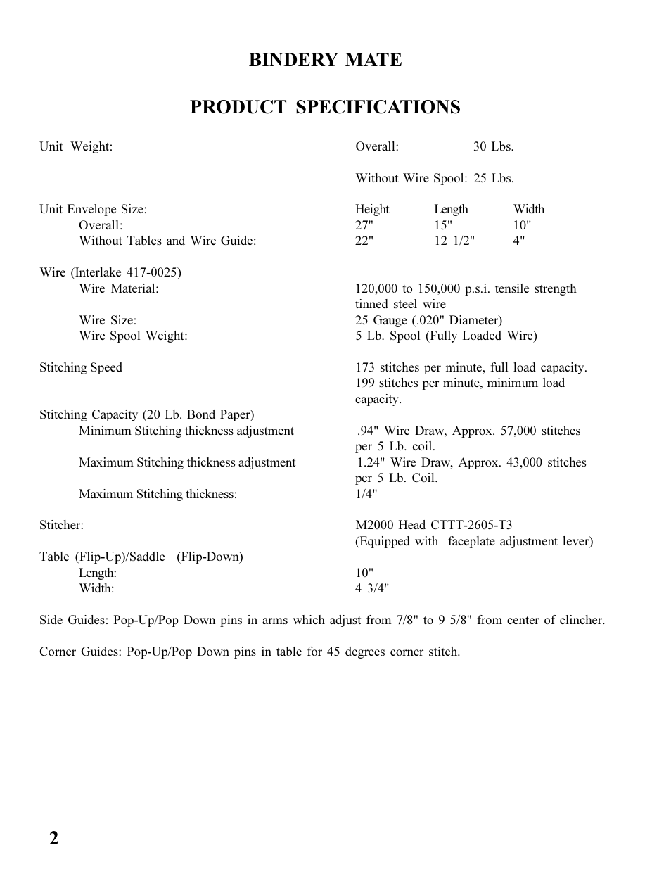 2bindery mate product specifications | MBM Corporation BINDERYMATE 2 User Manual | Page 4 / 46