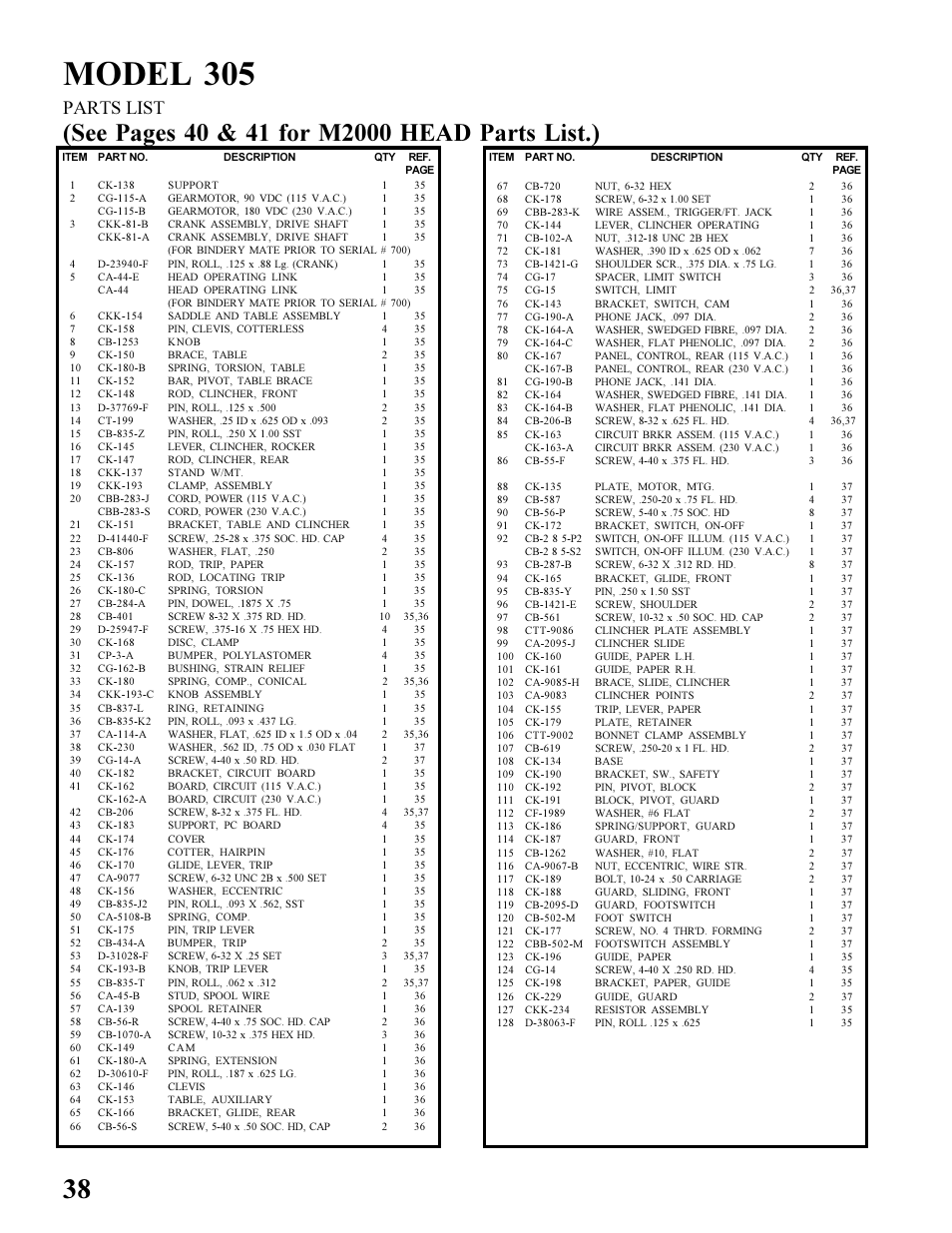 Model 305, Parts list | MBM Corporation BINDERYMATE 2 User Manual | Page 40 / 46