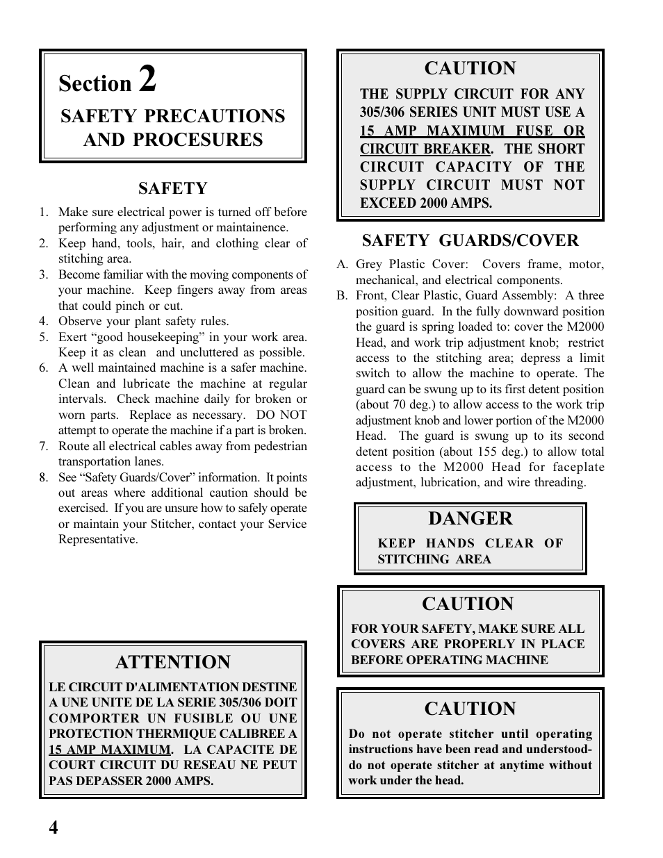 4caution, Caution, Danger | Safety precautions and procesures, Attention, Safety, Safety guards/cover | MBM Corporation BINDERYMATE 2 User Manual | Page 6 / 46