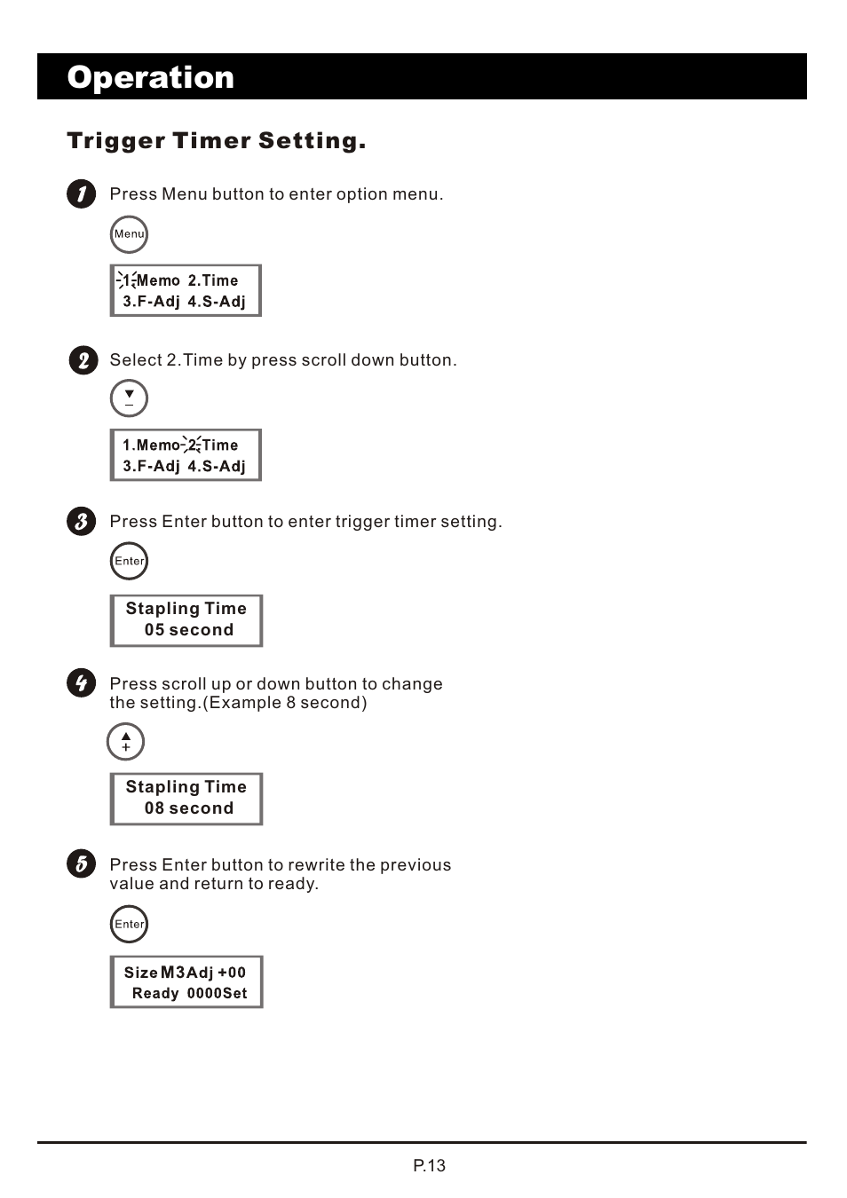 頁面 14, Operation, Trigger timer setting | MBM Corporation AUTOBOOK User Manual | Page 14 / 21