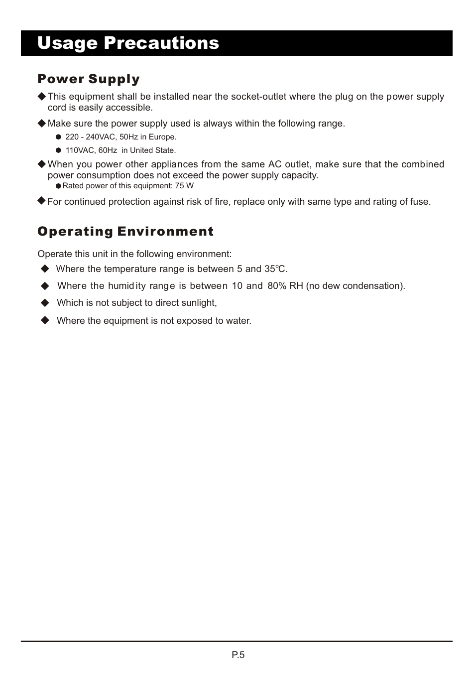 頁面 6, Usage precautions, Power supply operating environment | MBM Corporation AUTOBOOK User Manual | Page 6 / 21