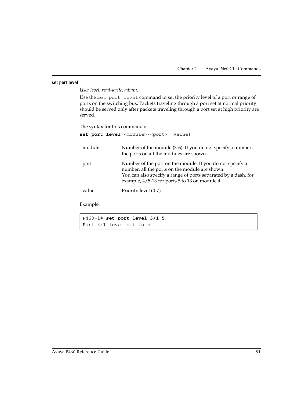 Set port level | Avaya P460 User Manual | Page 101 / 224