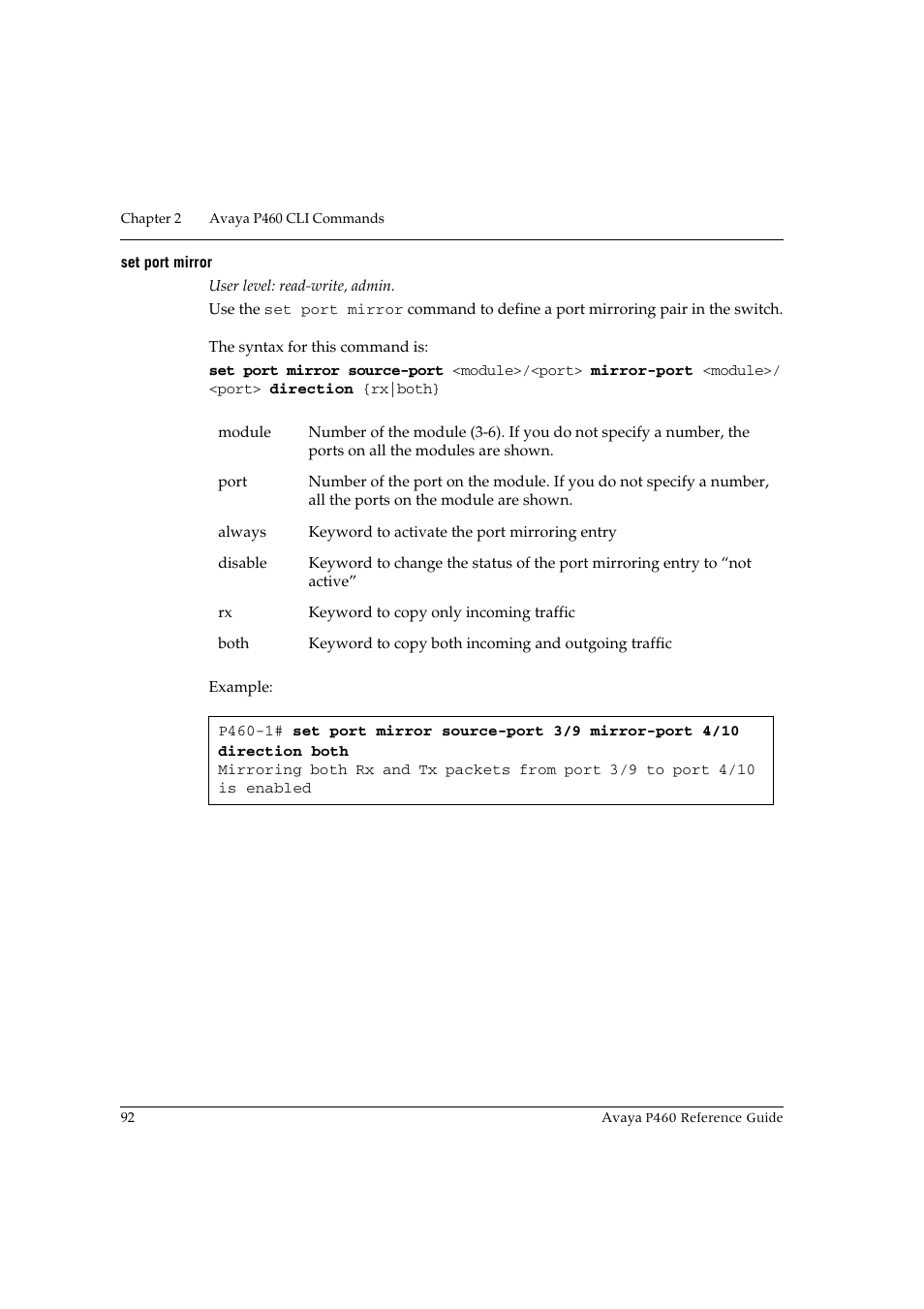 Set port mirror | Avaya P460 User Manual | Page 102 / 224