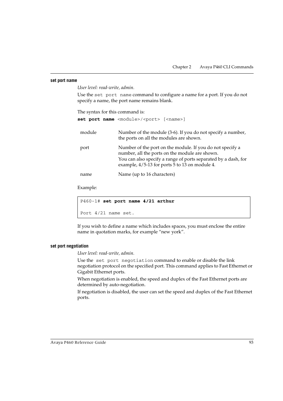 Set port name, Set port negotiation, Set port name set port negotiation | Avaya P460 User Manual | Page 103 / 224