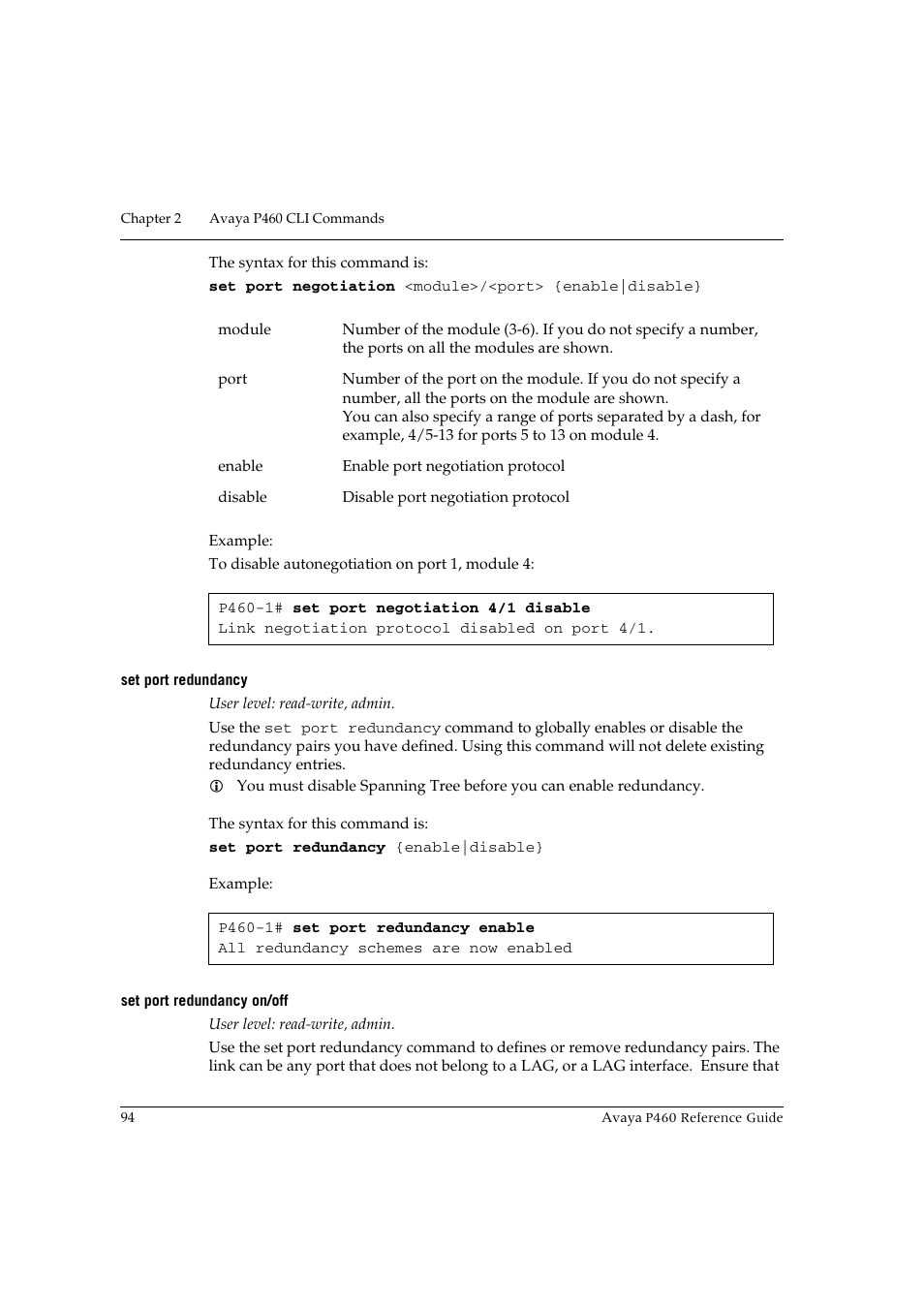 Set port redundancy, Set port redundancy on/off, Set port redundancy set port redundancy on/off | Avaya P460 User Manual | Page 104 / 224