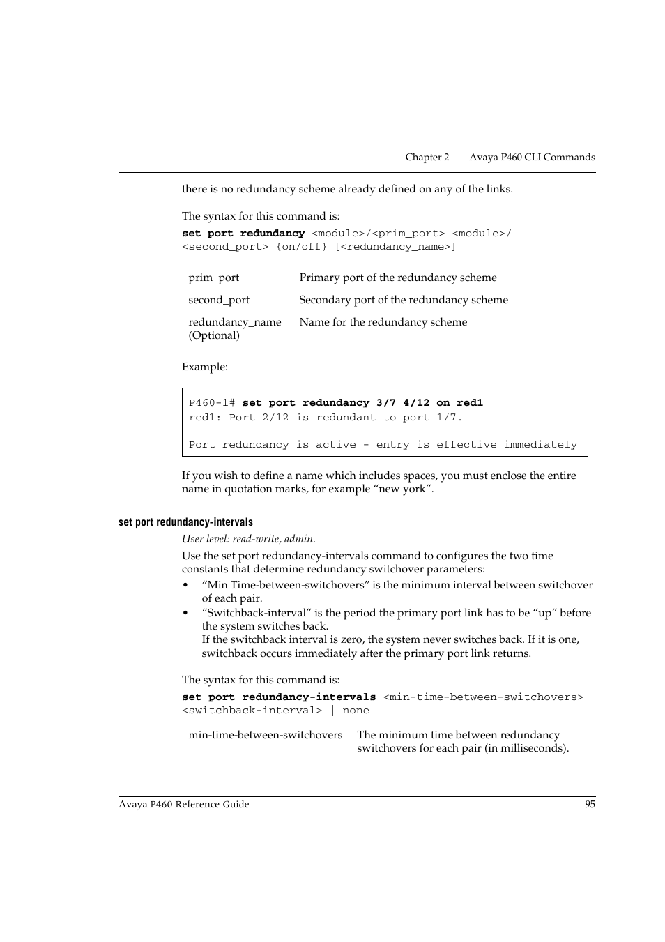 Set port redundancy-intervals | Avaya P460 User Manual | Page 105 / 224