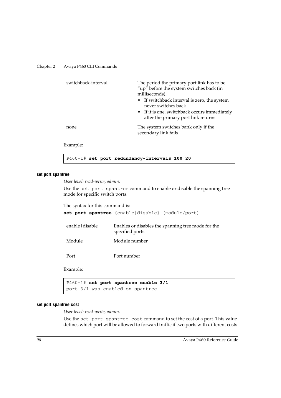 Set port spantree, Set port spantree cost, Set port spantree set port spantree cost | Avaya P460 User Manual | Page 106 / 224