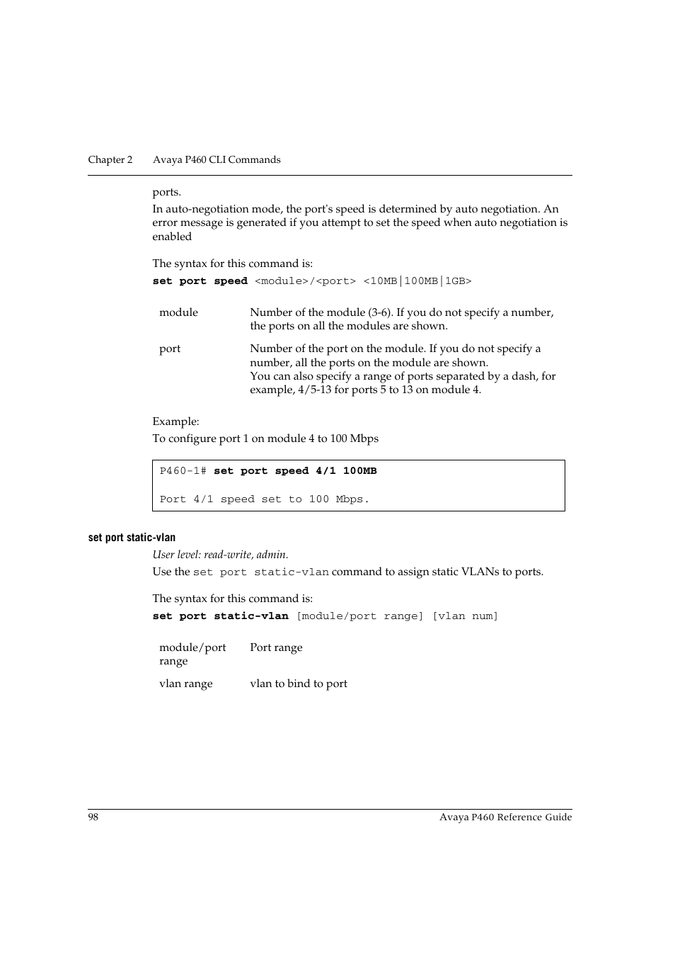 Set port static-vlan | Avaya P460 User Manual | Page 108 / 224