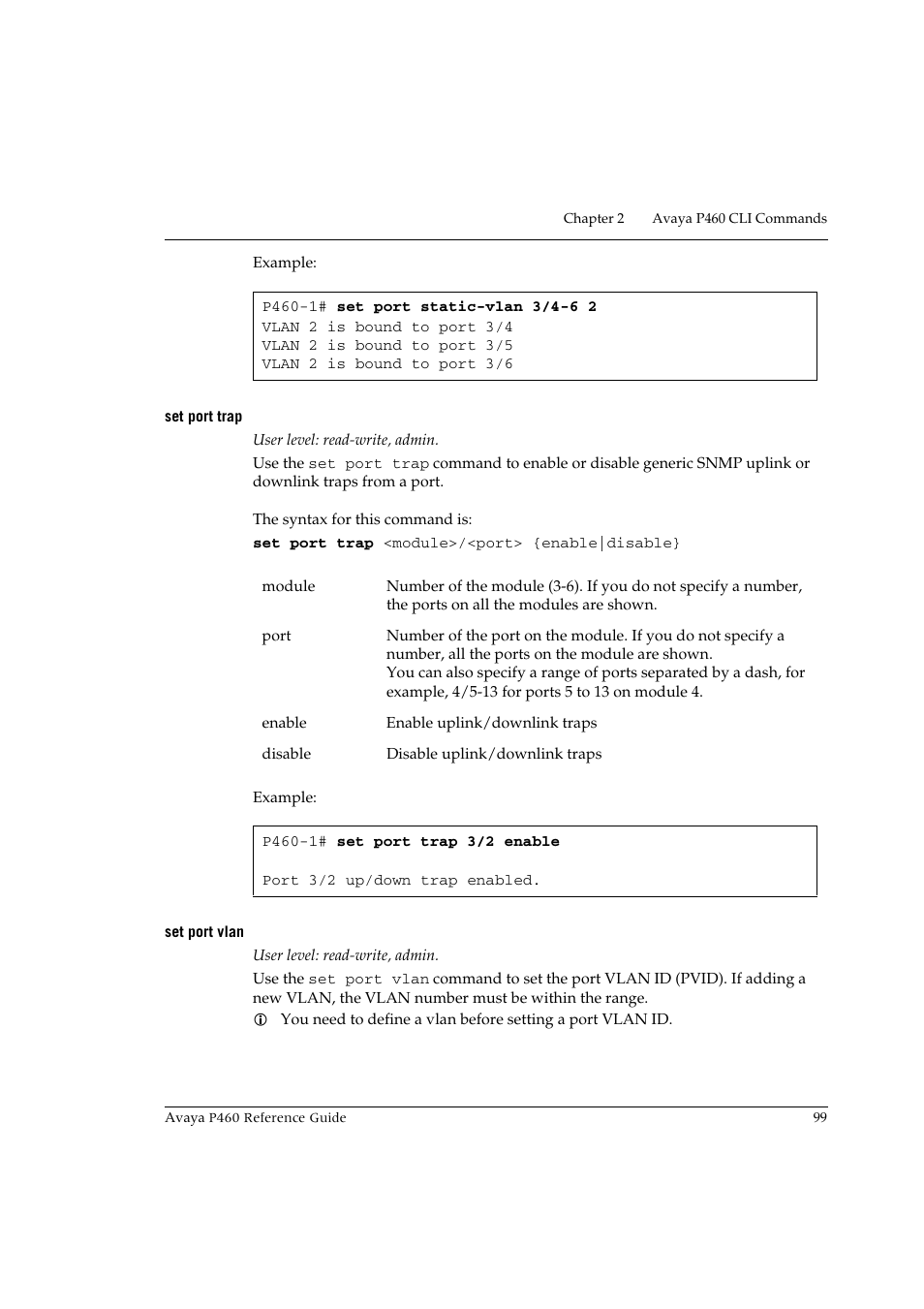 Set port trap, Set port vlan, Set port trap set port vlan | Avaya P460 User Manual | Page 109 / 224