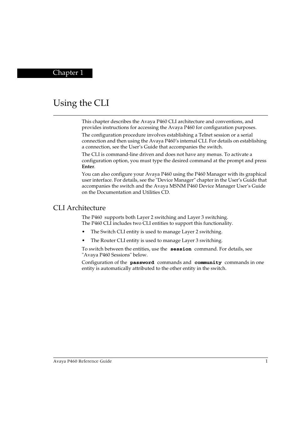 Using the cli, Cli architecture, Chapter 1 | Avaya P460 User Manual | Page 11 / 224