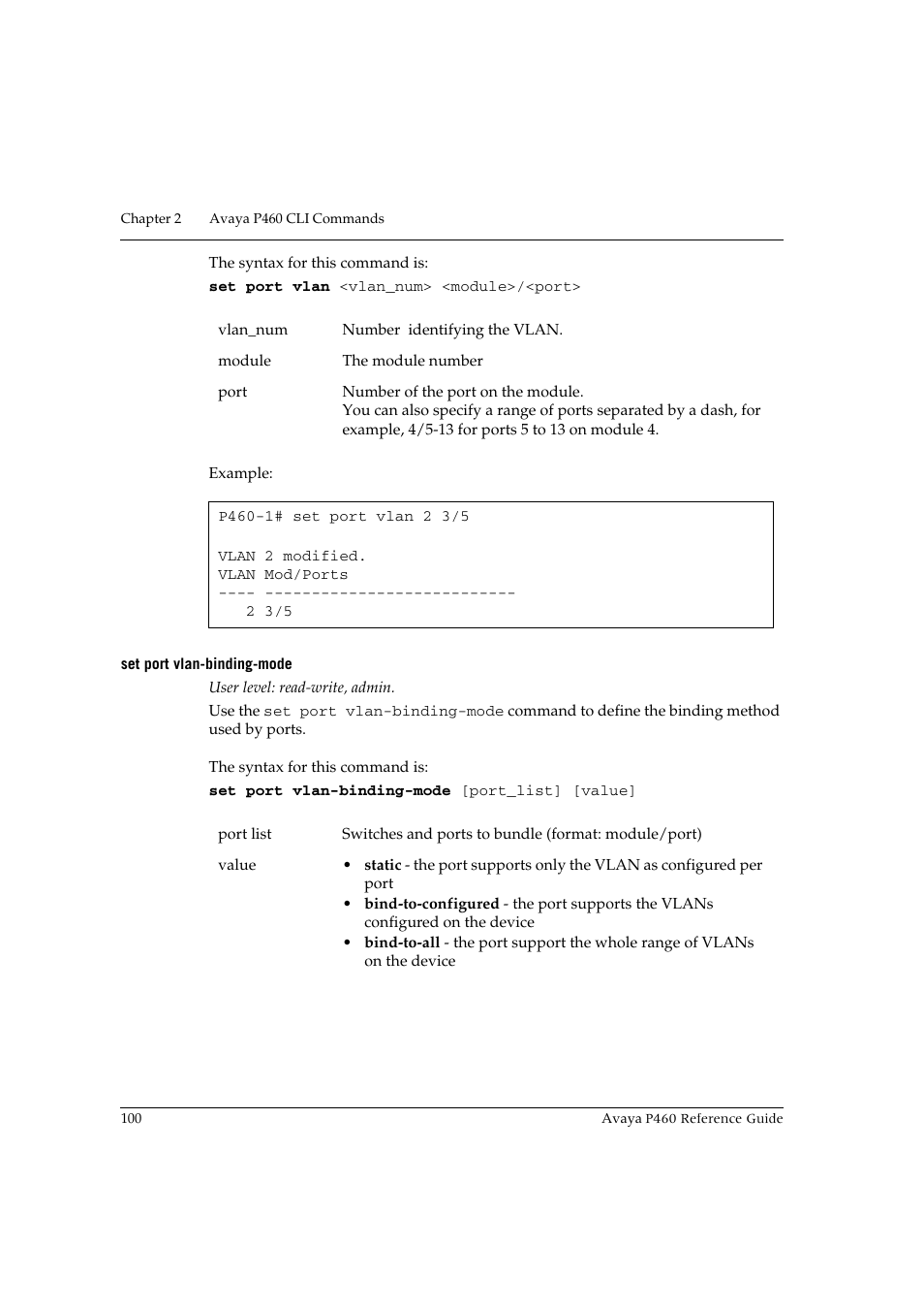 Set port vlan-binding-mode | Avaya P460 User Manual | Page 110 / 224